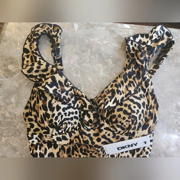 S M L XL DKNY Swim One Piece Ruffle V Neck Swimsuit Leopard - Picture 5 of 11